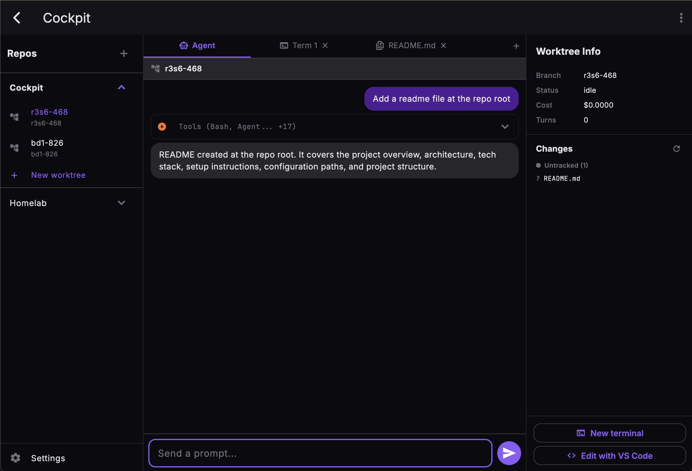 Cockpit desktop interface showing the agent view with worktree management